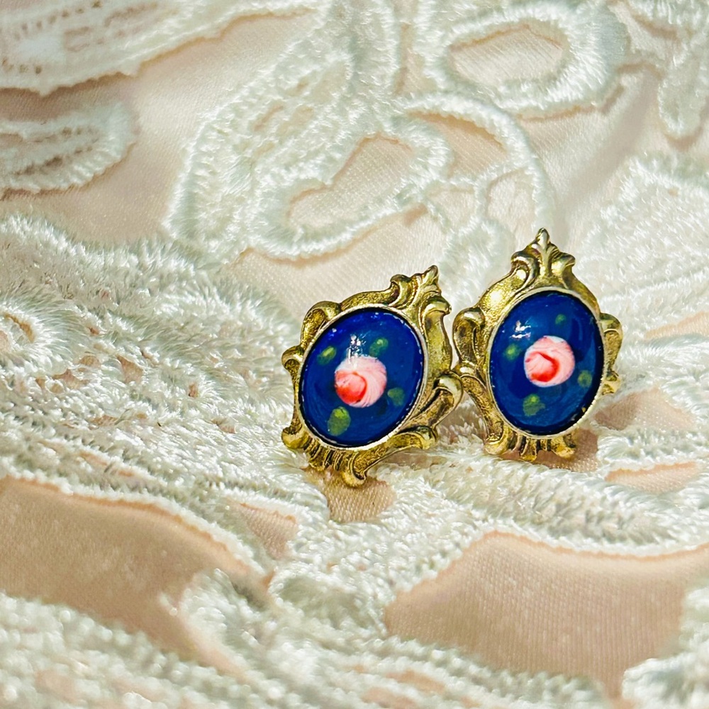 Vintage Cobalt Blue Rose Earrings - Hand Painted Glass Cabochons